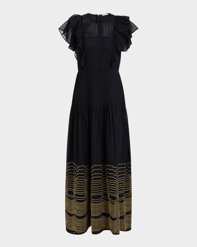 Winfrey Flutter-Sleeve Pintuck Maxi Dress